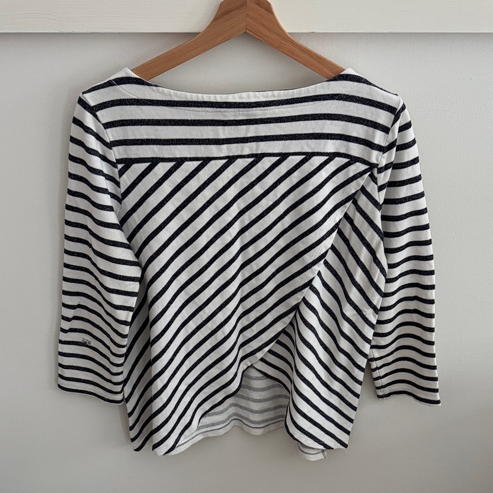 LOFT Women’s Black White Striped Top Open Back Twist Detail 3/4 Sleeve Size M